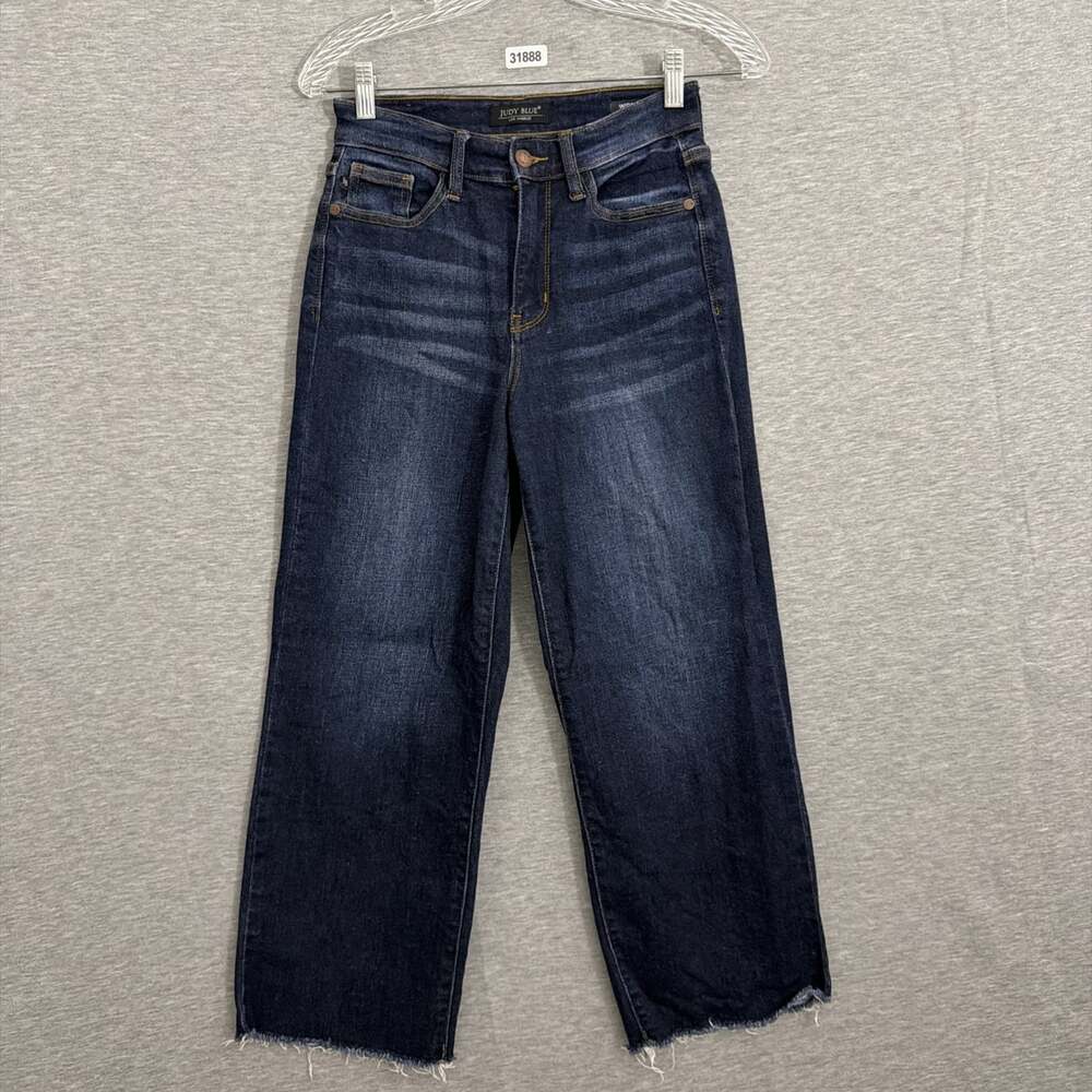 Judy Blue Womens 0/24 High Rise Dark Wash Blue Stretch Wide Leg Crop Jeans